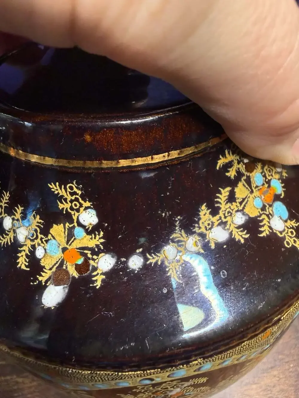 Vintage Brown Glazed Ceramic Teapot Gold Moriage Floral Beading Made in England